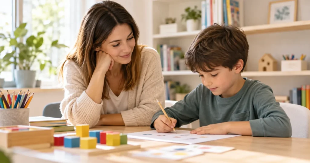Profesional acompañando a un niño durante una actividad de aprendizaje